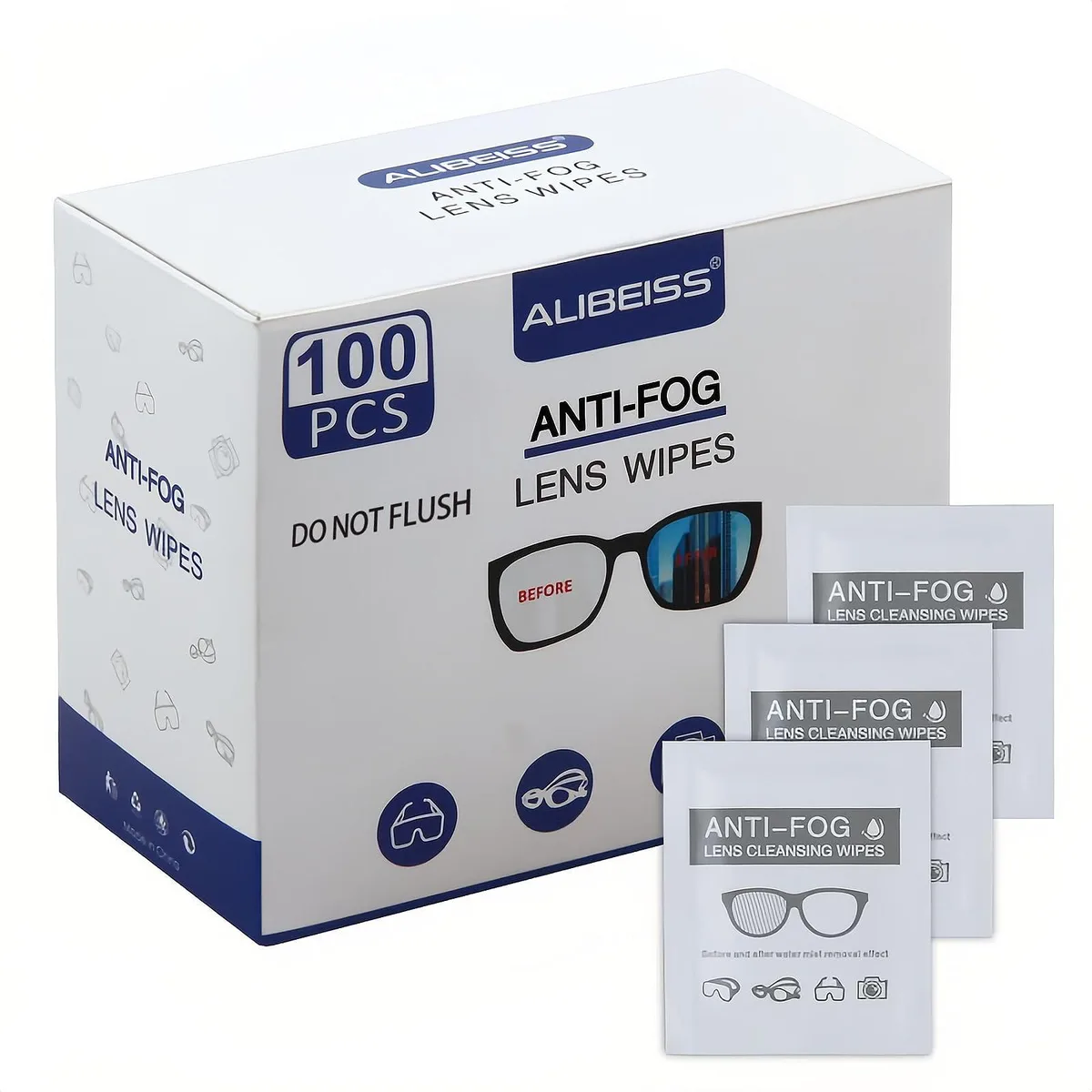Box of 100 individually wrapped anti-fog lens wipes