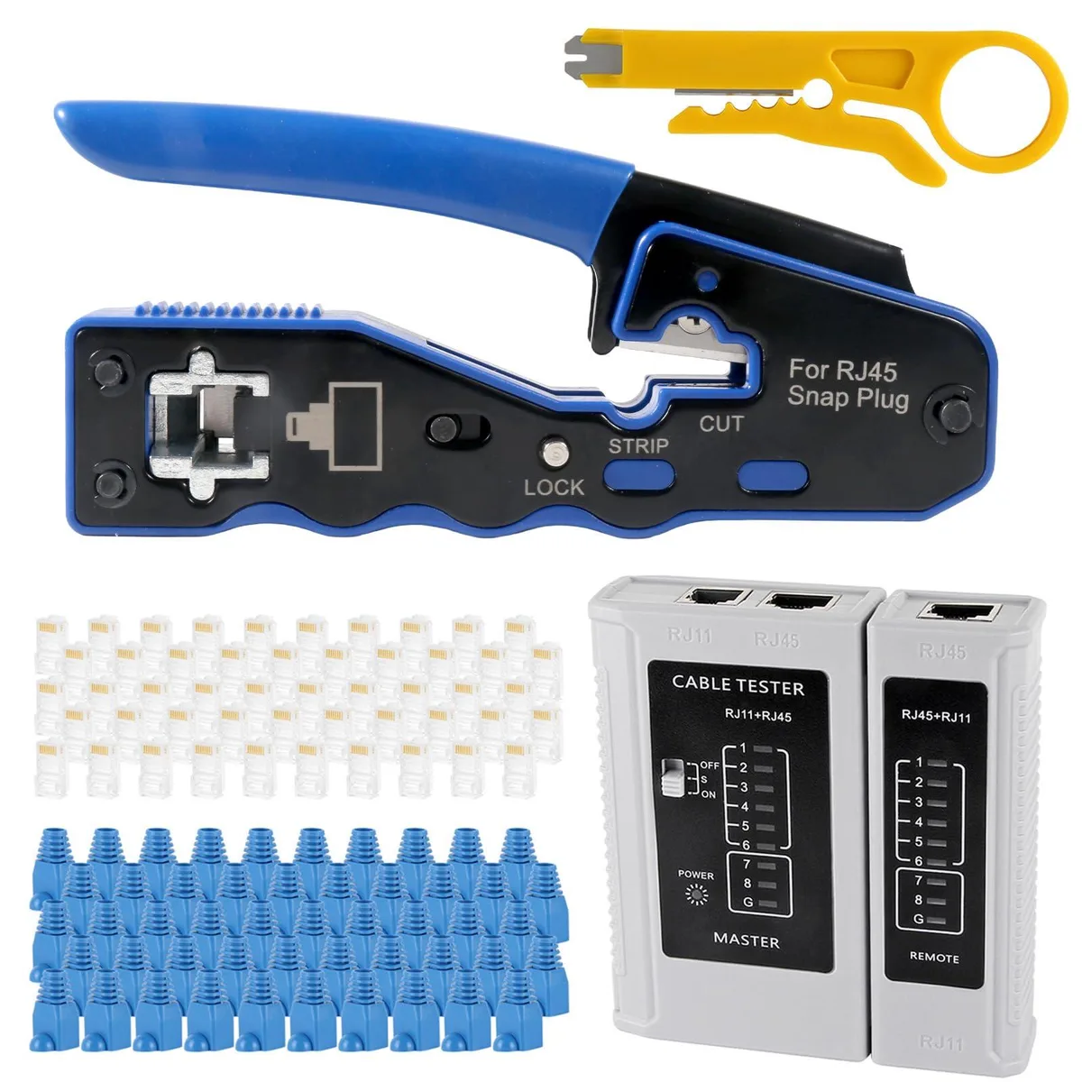 Klein Tools pass-through crimp kit with 50 connectors and tester