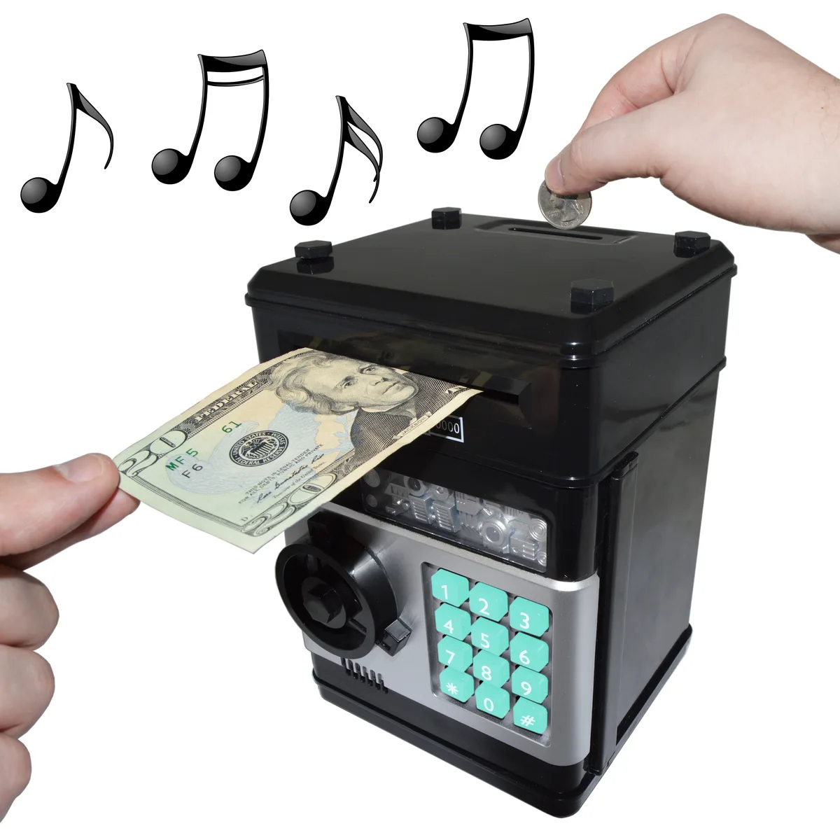 Rectangular electronic cash vault with keypad, coin slot, bill feeder and speaker grille