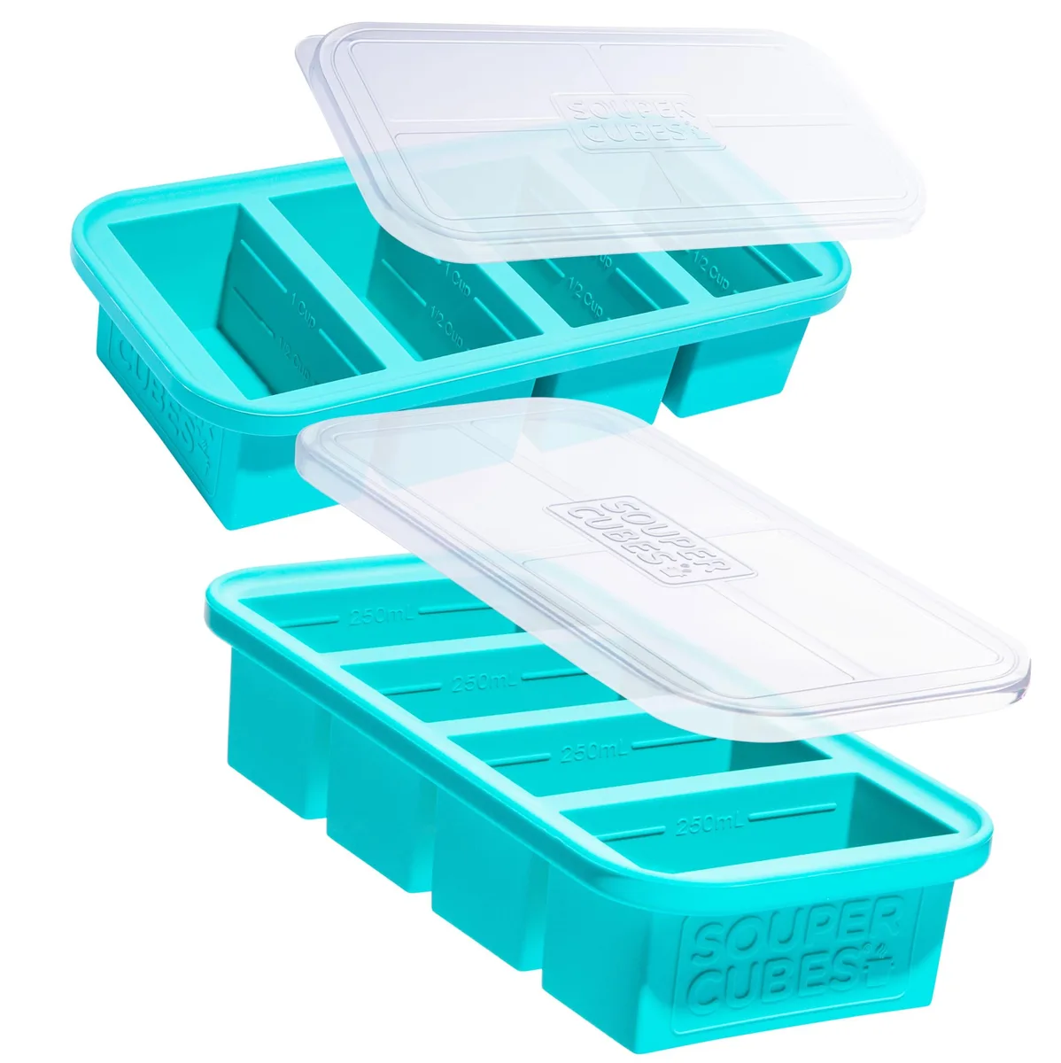 Two aqua silicone freezer molds with lids, 1½-inch cubes, steel-reinforced rims