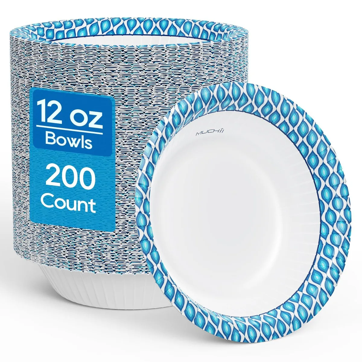 Stack of 200 round printed paper bowls, brown and red, 12 oz capacity
