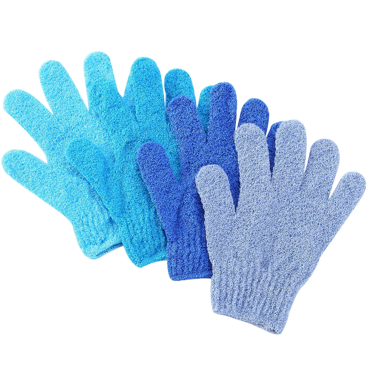 Four blue nylon exfoliating gloves in mesh finish