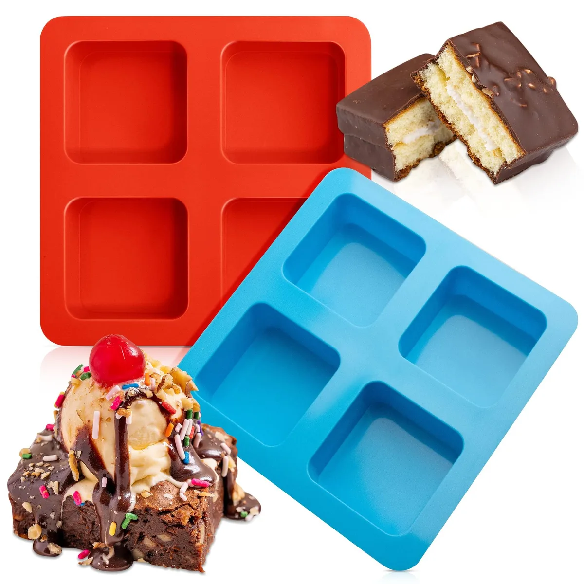Two square silicone baking molds each with four deep cavities