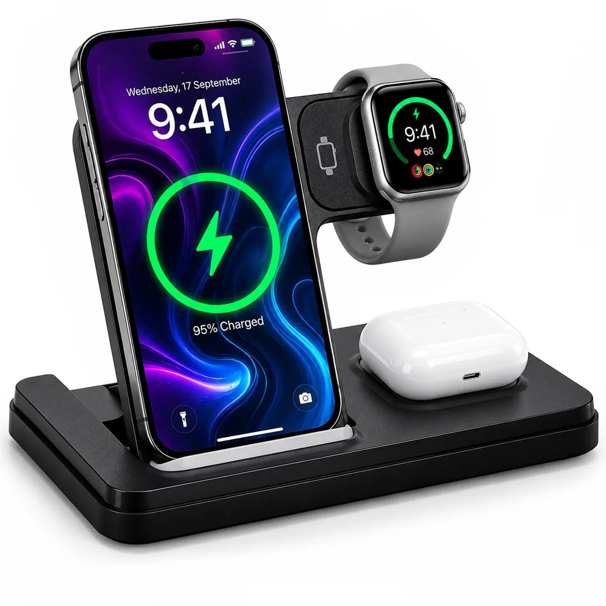 Foldable 3-in-1 wireless charging station, flat dark finish, three pads visible