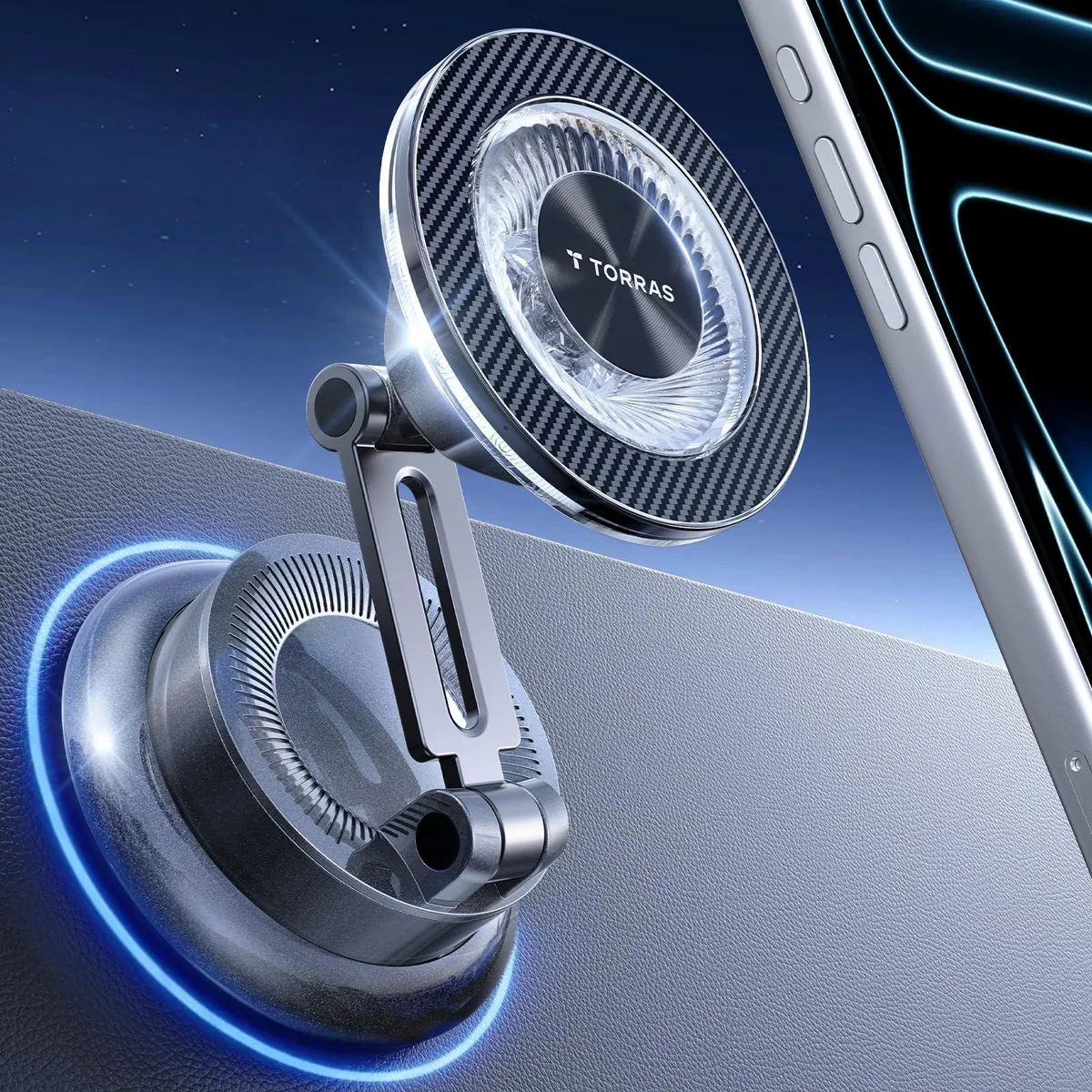  TORRAS 2026 Vacuum MagSafe Car Mount Diamond Black 24 N58 Magnets 98+ LBS Suction 360° Rotation 210° Arm — product photo