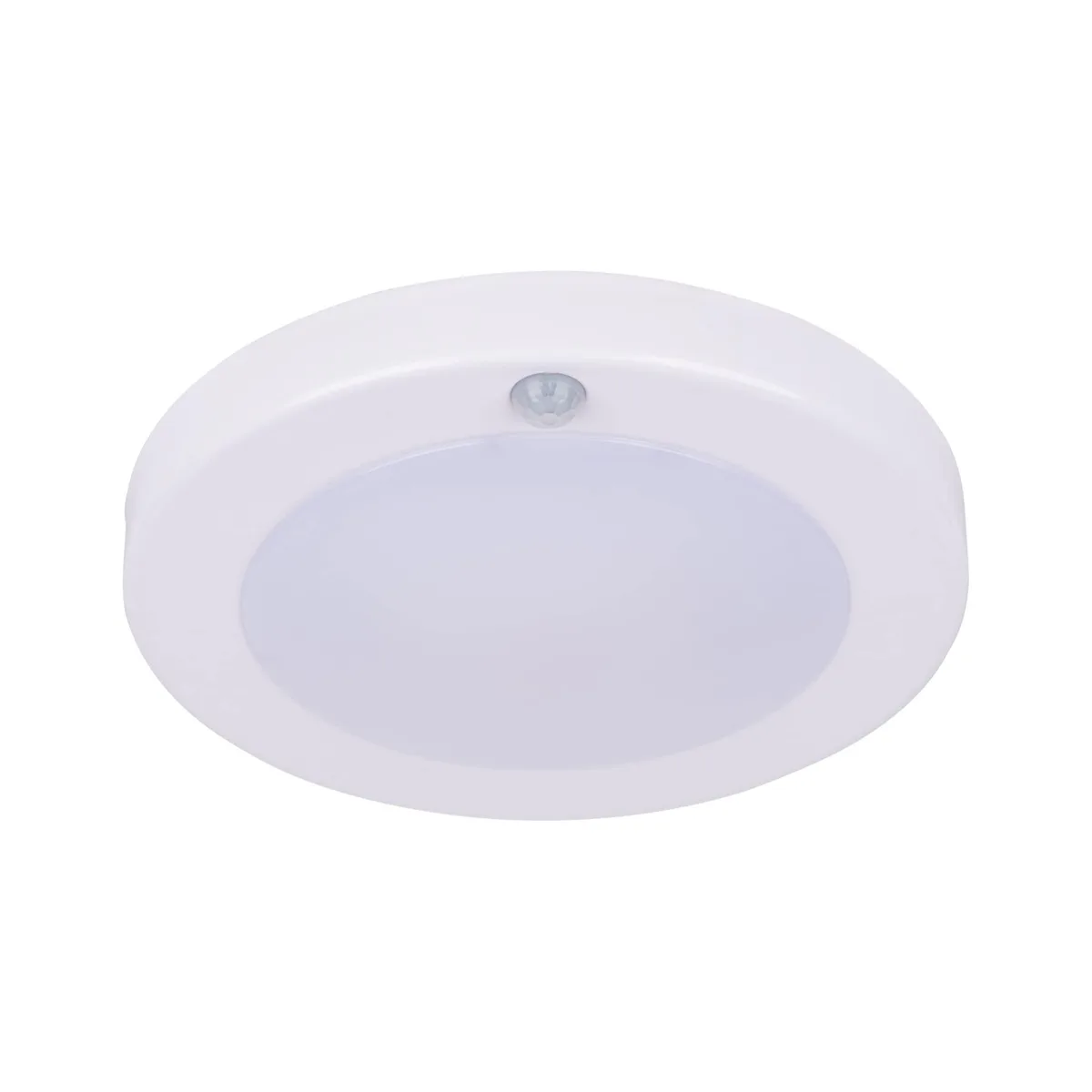 White round flush-mount ceiling light with clear prismatic glass and motion sensor, 6.2 inches diameter