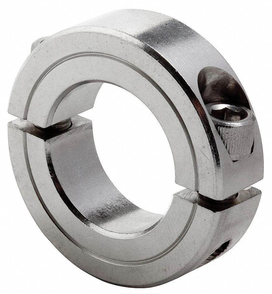 Two-piece stainless steel clamping collar with carbon steel screws