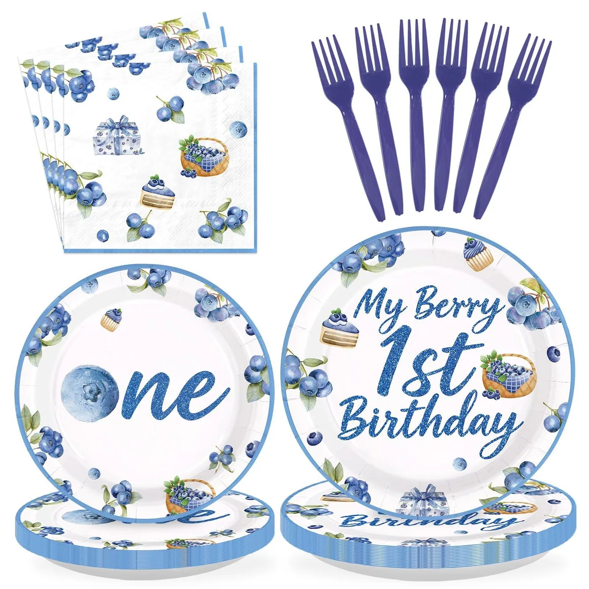 Square white ceramic plates with blueberry watercolor design, matching napkins and forks, 96 pieces for 24 guests