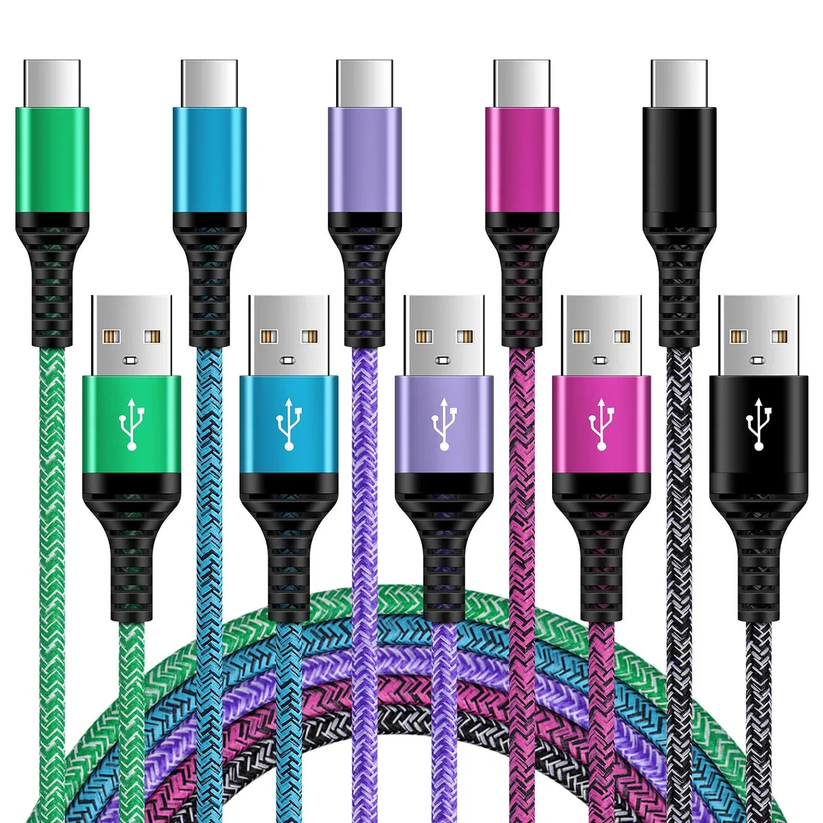 Five USB-A to USB-C cables, six feet each, braided in blue, green, purple, rose and black