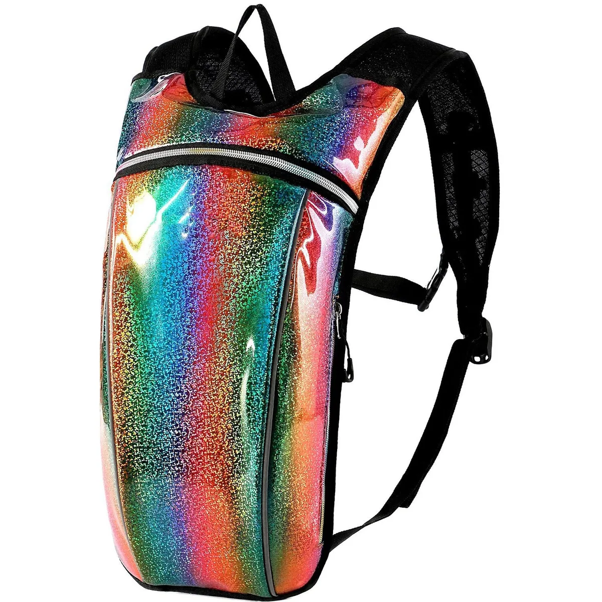 Altatac 2L hydration backpack in rainbow pattern with adjustable straps and mesh back panel