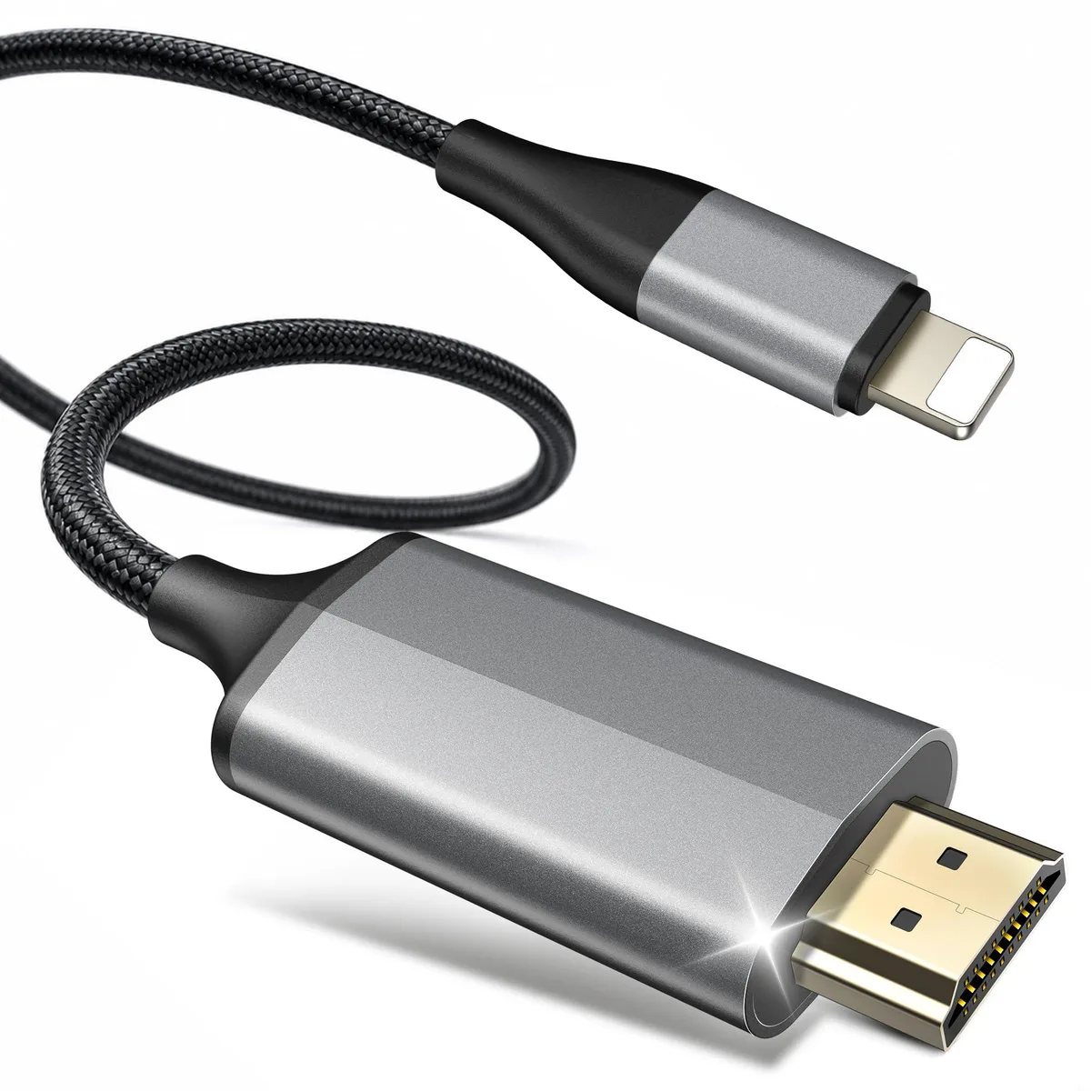 White Lightning-to-HDMI cable with braided nylon jacket, 6.6ft length