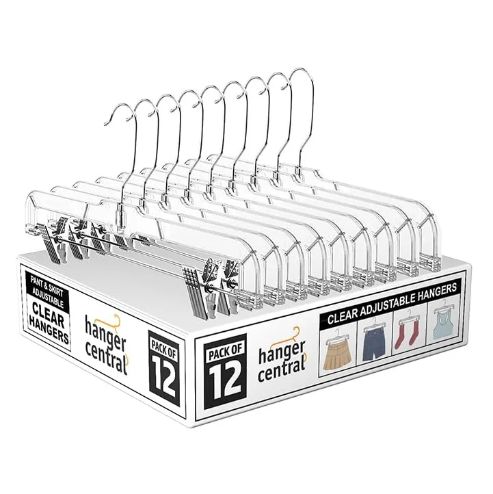 Twelve clear plastic pants hangers with chrome swivel hooks and adjustable clips