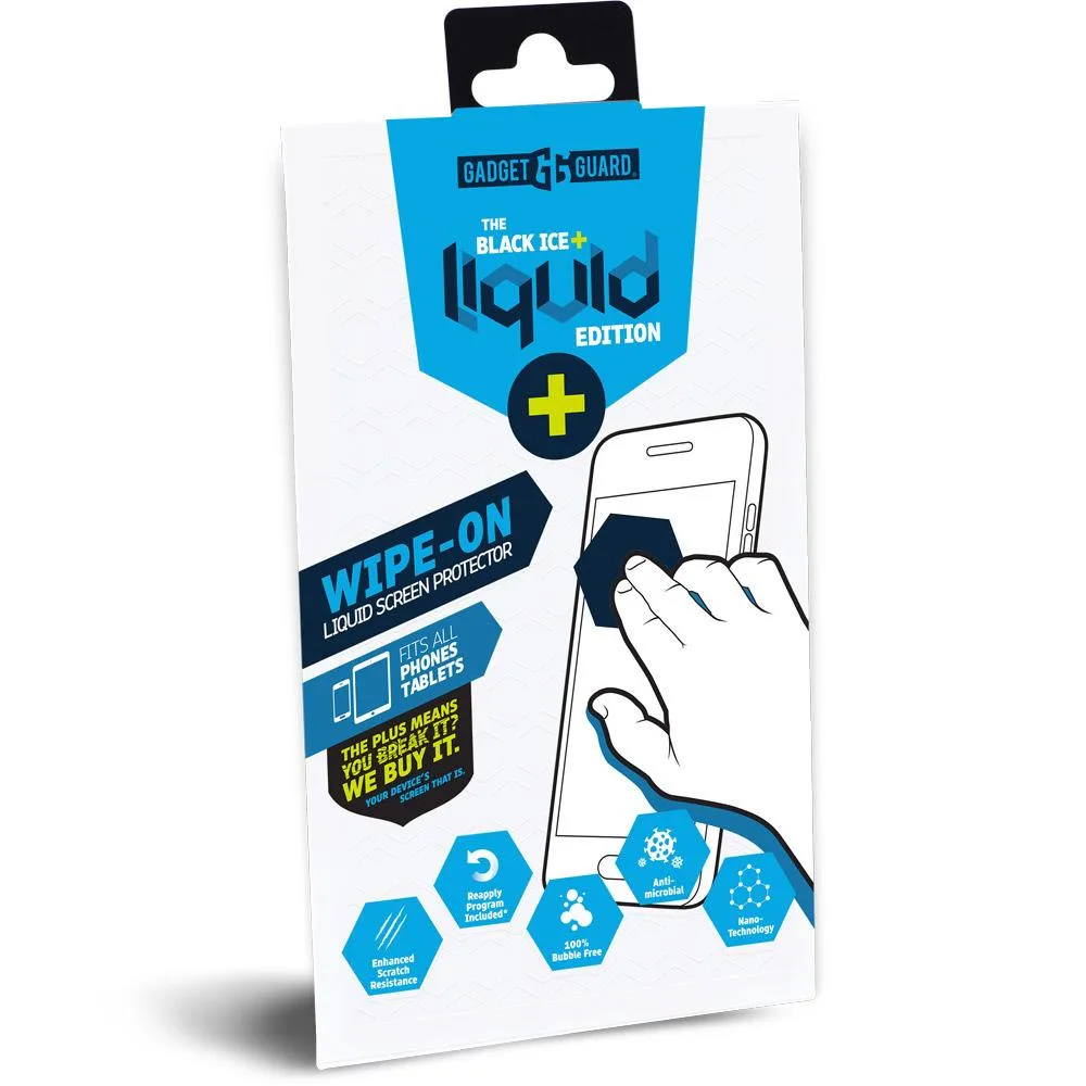 Invisible Gadget Guard Black Ice+ Liquid Edition screen protector packaging with cleaner and liquid bottles