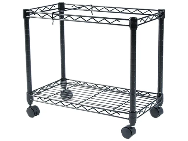 Black steel rolling file cart with adjustable dividers, bottom shelf, and four twin-wheel casters