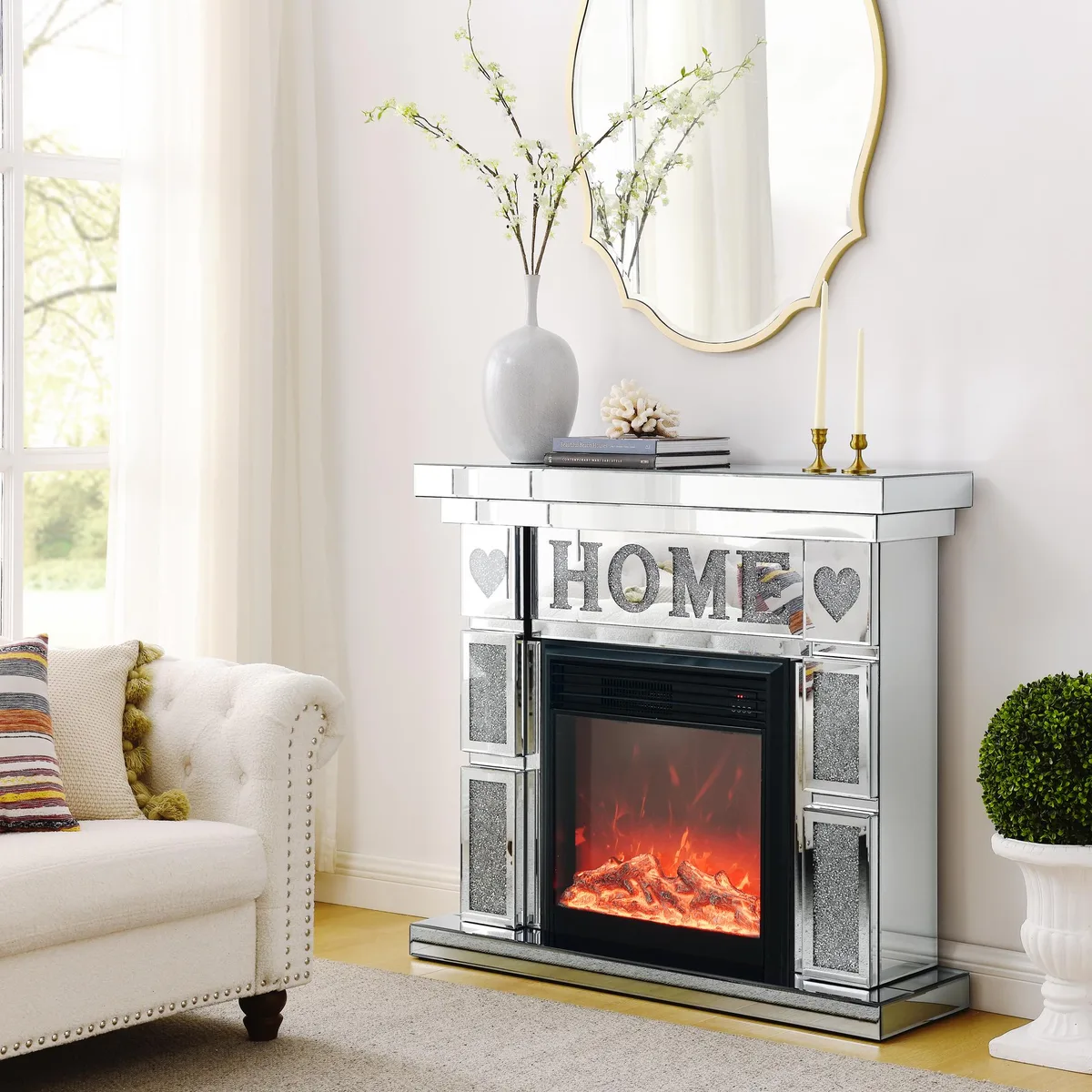 tuphen tuphen 46" x 12.6" x 41" acrylic diamond mirror fireplace cabinet — product photo
