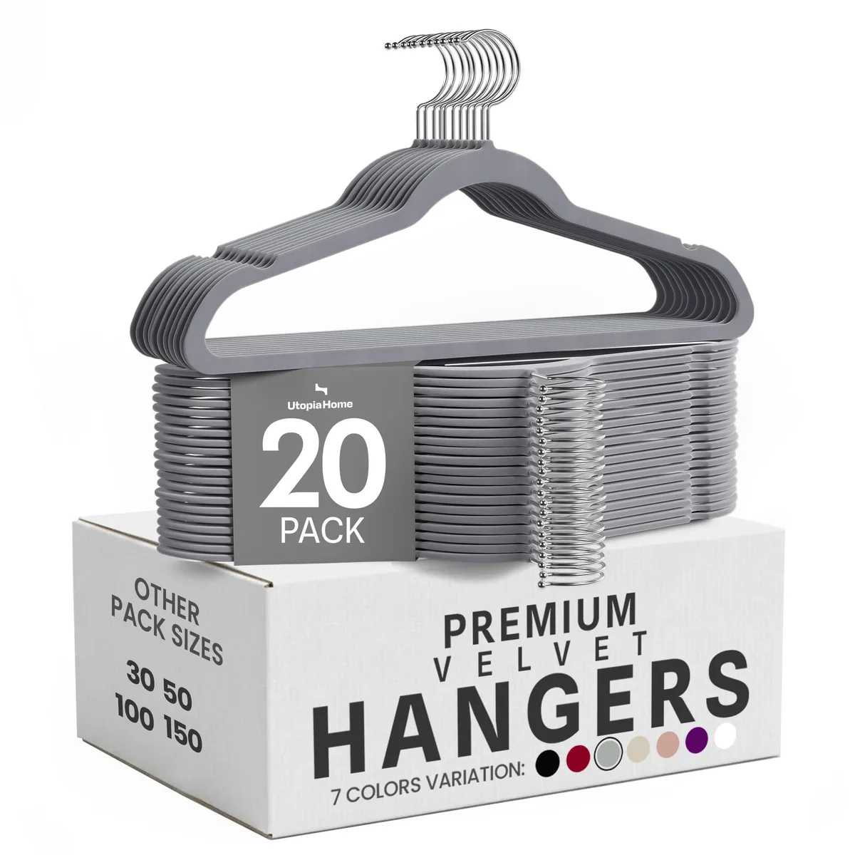 Twenty grey velvet-coated plastic hangers with chrome rotating hooks laid flat