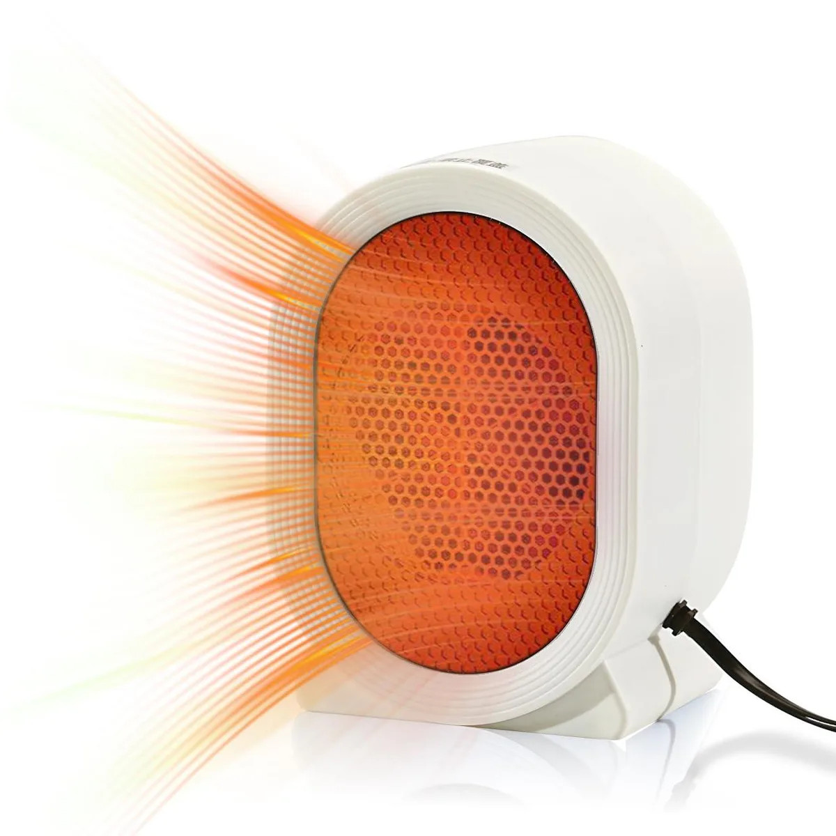 Compact white desk heater, rectangular with rounded edges, smooth matte finish, small enough to hold in one hand