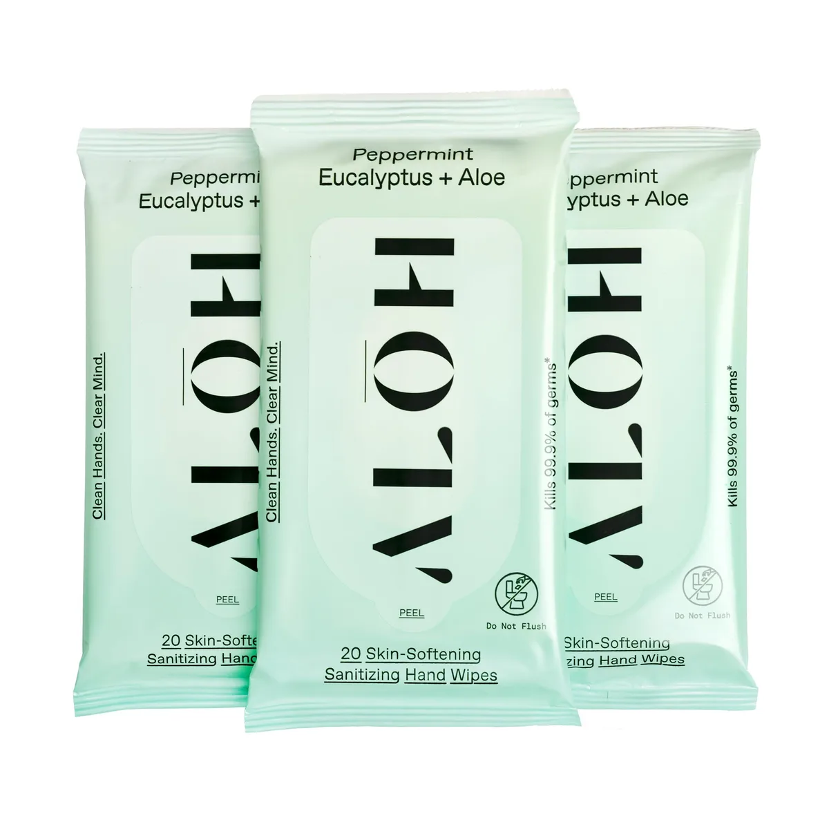Three rectangular wipe packets with flip-top lids, soft cotton wipes inside, peppermint eucalyptus scent