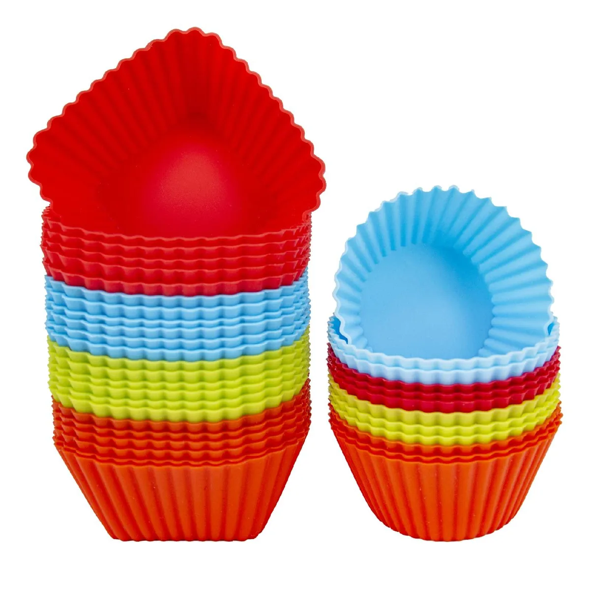 Set of 24 silicone baking cups, square and round shapes in red blue green orange, matte finish