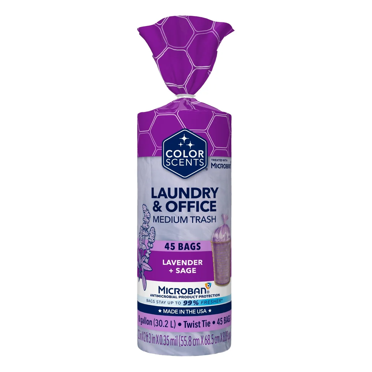 Color Scents 8 Gallon Lavender + Sage Trash Bags 45 Count Twist Tie — product photo