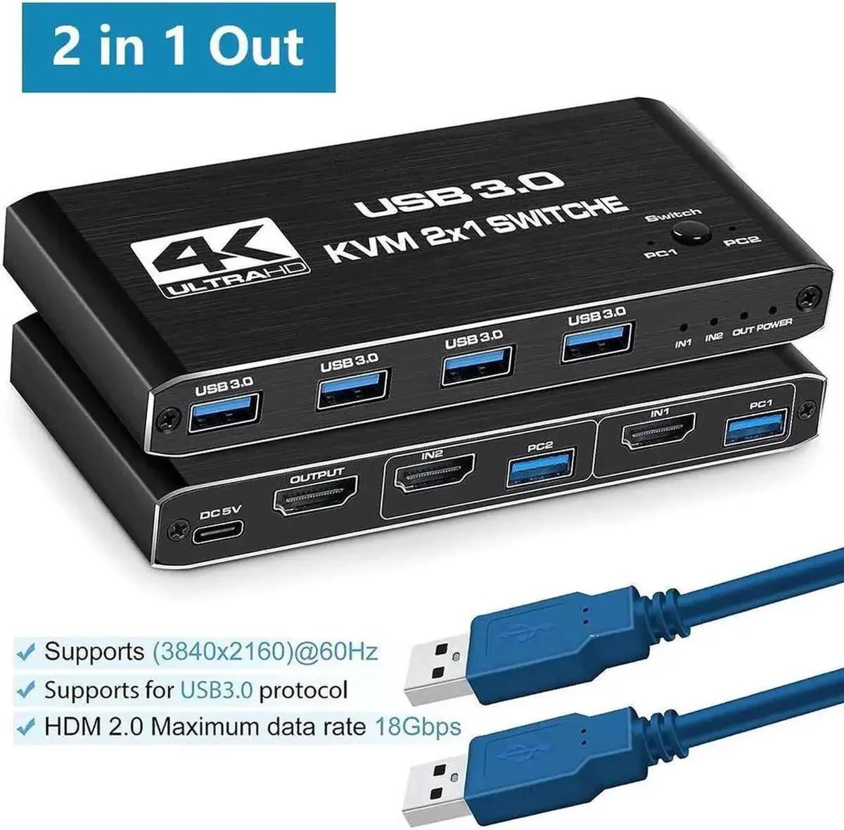 Vszerda Vszerda 2 Port HDMI KVM Switch 2 In 1 Out 4K@60Hz HDMI 2.0 4 USB 3.0 — product photo