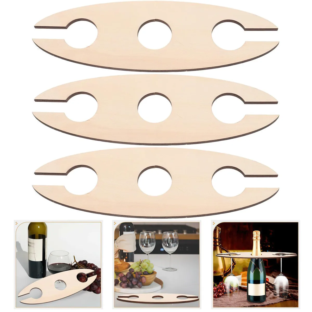 Three small natural boxwood wine racks each holding one bottle and two glasses