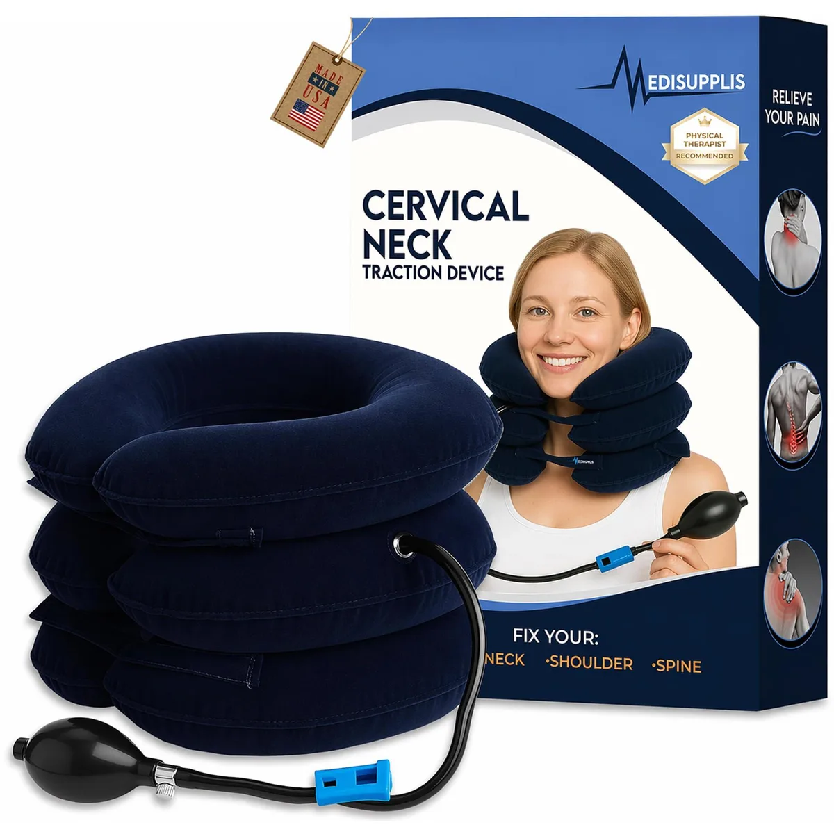 Blue inflatable cervical traction neck brace, soft fabric, pack of 10
