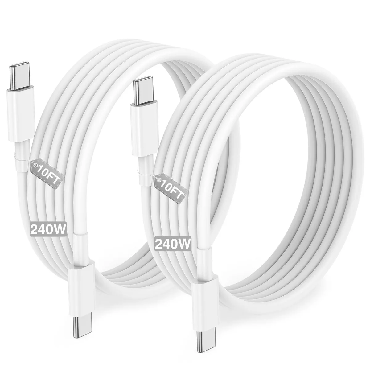 White USB-C to USB-C cable, ten feet long, male-to-male connectors