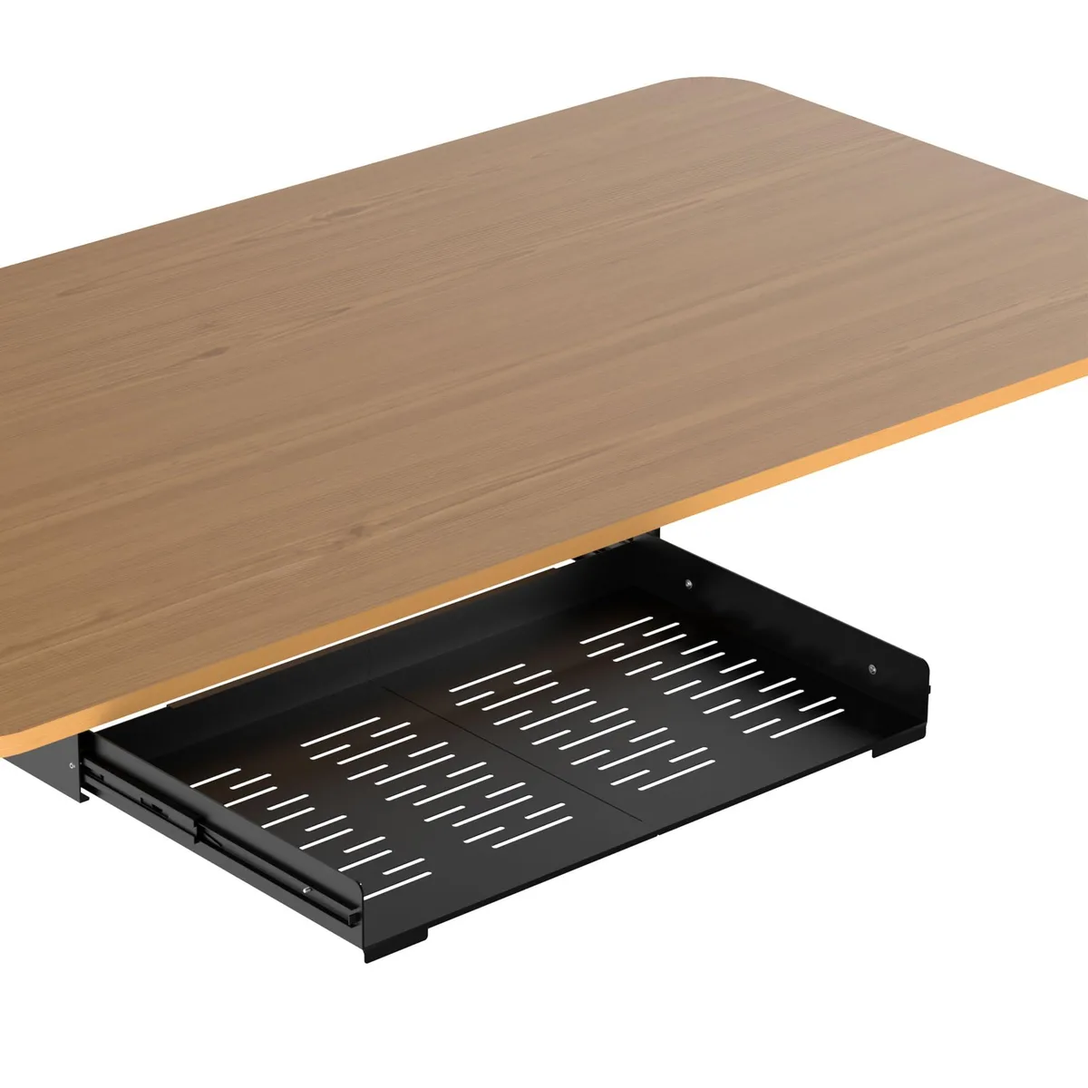 Silver metal pull-out tray with perforated bottom and integrated handle, mounted on sliding track