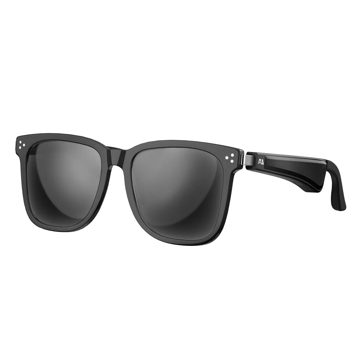 Black wayfarer audio glasses with thick stems and polarized lenses