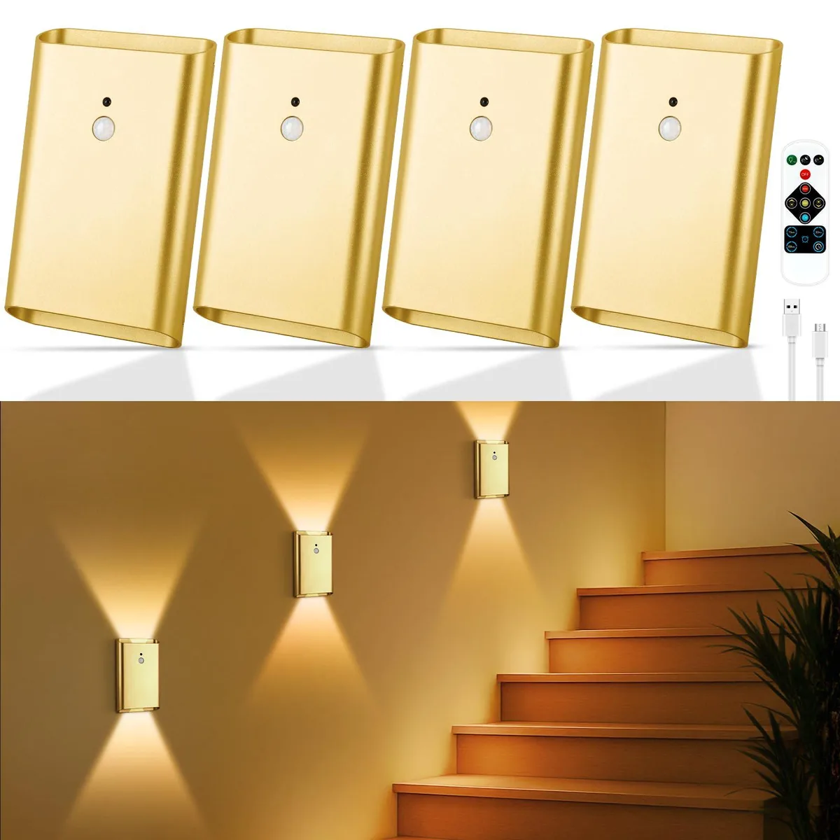 Four white wall sconces with clear prismatic acrylic shades, magnetic bases and a remote control