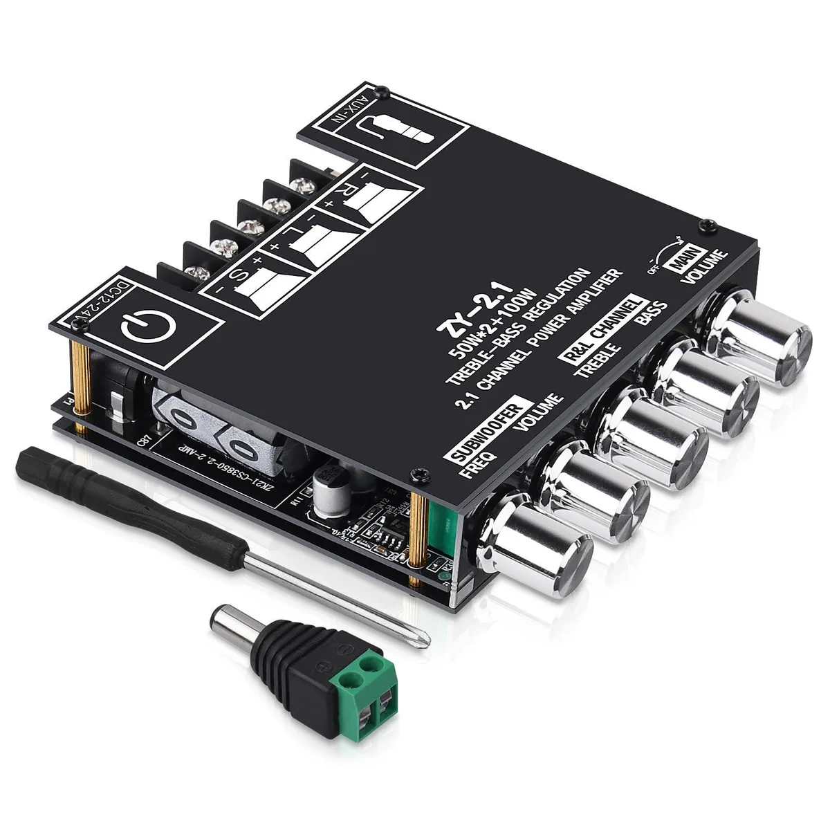 Green circuit board with silver heatsinks and black control knobs in protective case