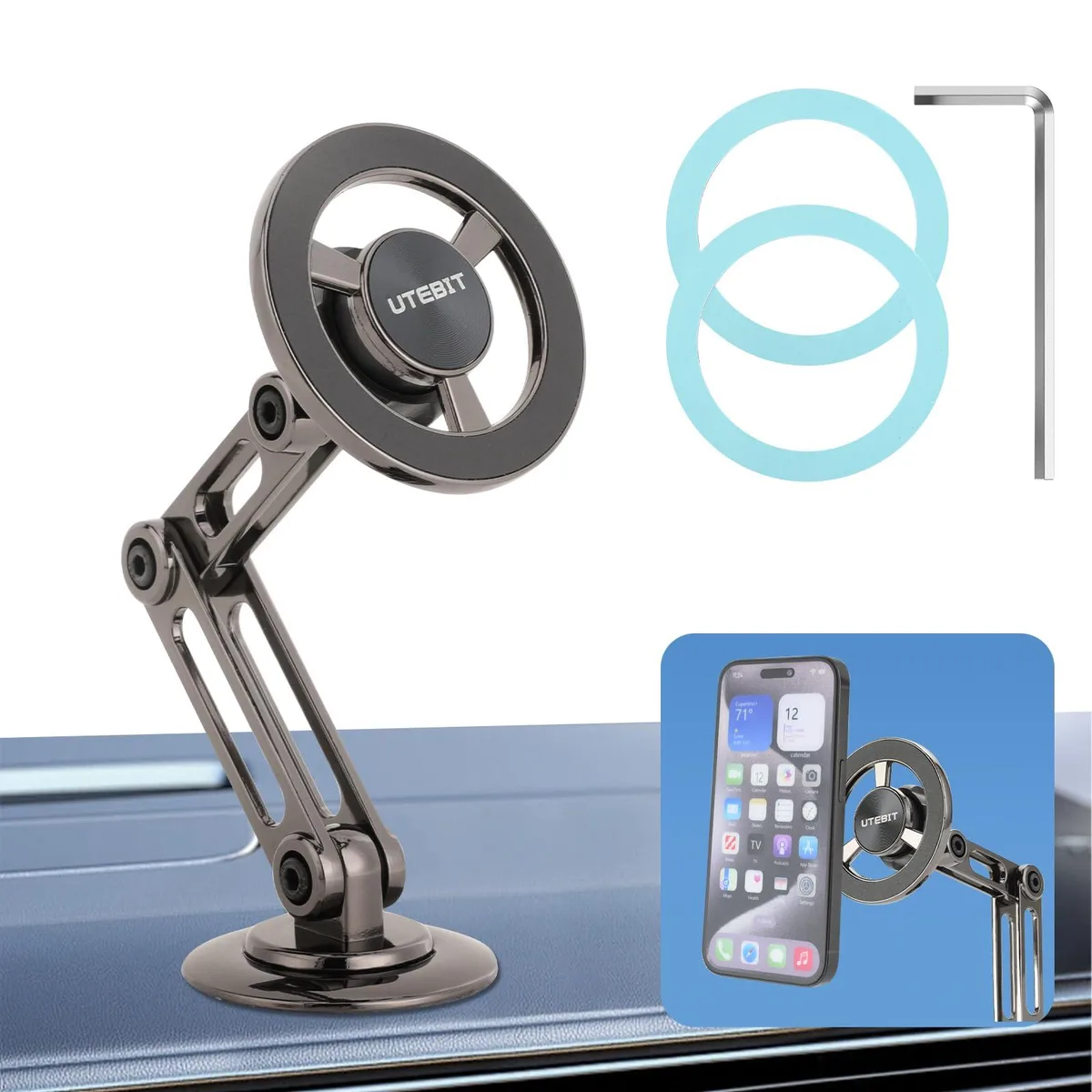 UTEBIT Magnetic Car Phone Holder, 360° Dashboard, Black, 2.0 in x 2.0 in x 1.0 in — product photo
