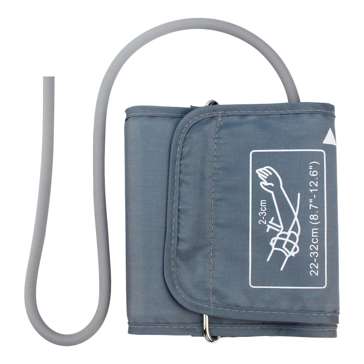 Grey upper-arm blood pressure cuff with 5 mm adapter, adjustable 22-32 cm range, D-ring and hook-and-loop closure