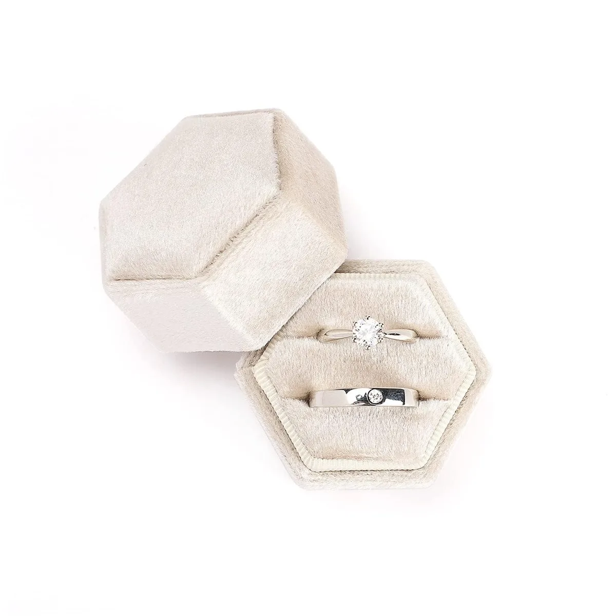 Small beige hexagonal velvet ring box with detachable lid, 4.5 cm wide