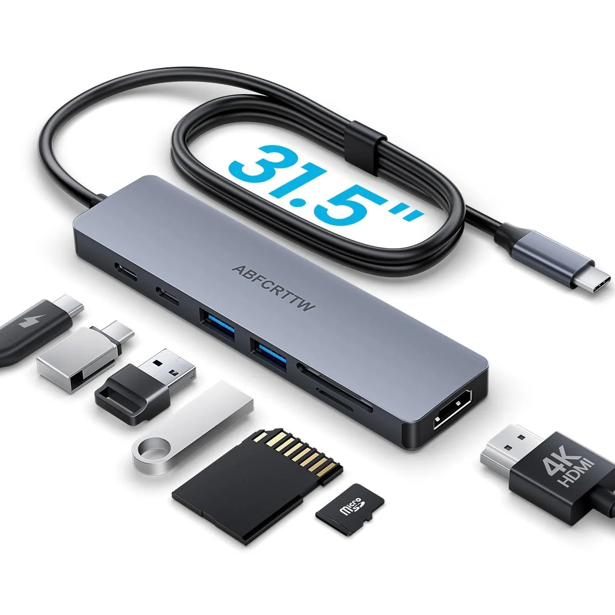 Gray aluminum 7-in-1 USB-C hub with 31.5in cable