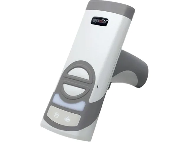 Light grey handheld barcode scanner with inductive charging cradle and USB cable