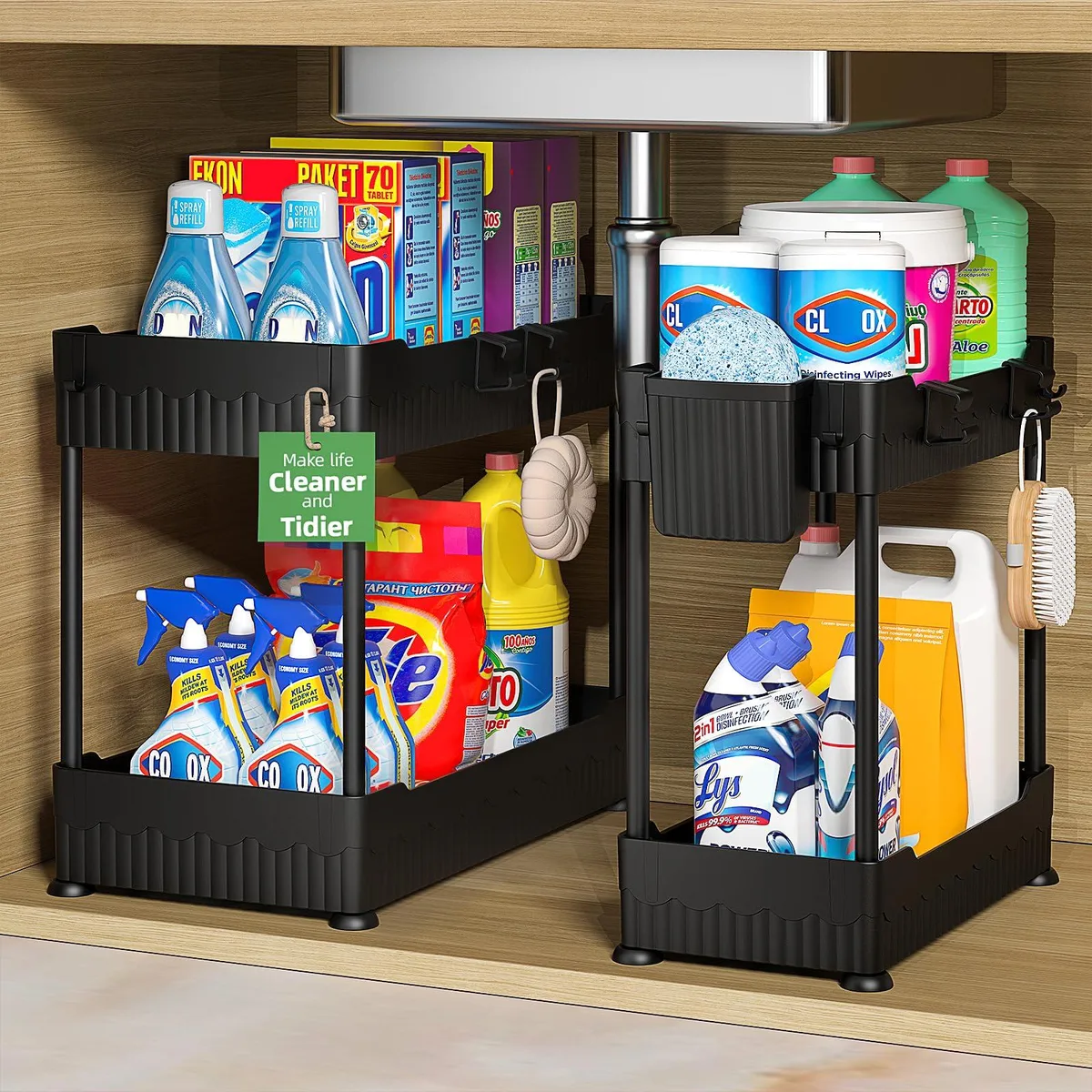 Two black wire baskets with hooks and hanging cups, one larger one smaller, shown assembled under a sink