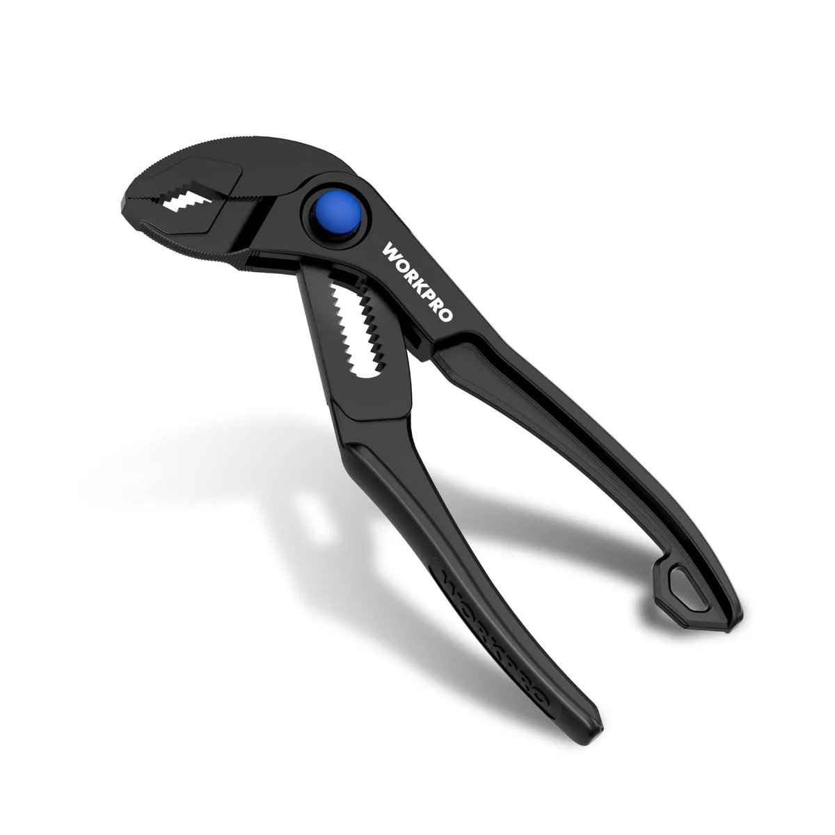 WORKPRO mini water pump pliers, 4 inch black steel groove joint with push-button adjustment