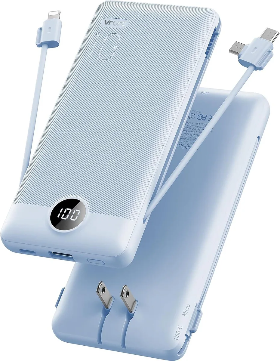 WOOJONG WOOJONG 10000mAh Power Bank with Built-in Cables & AC Plug - Blue — product photo