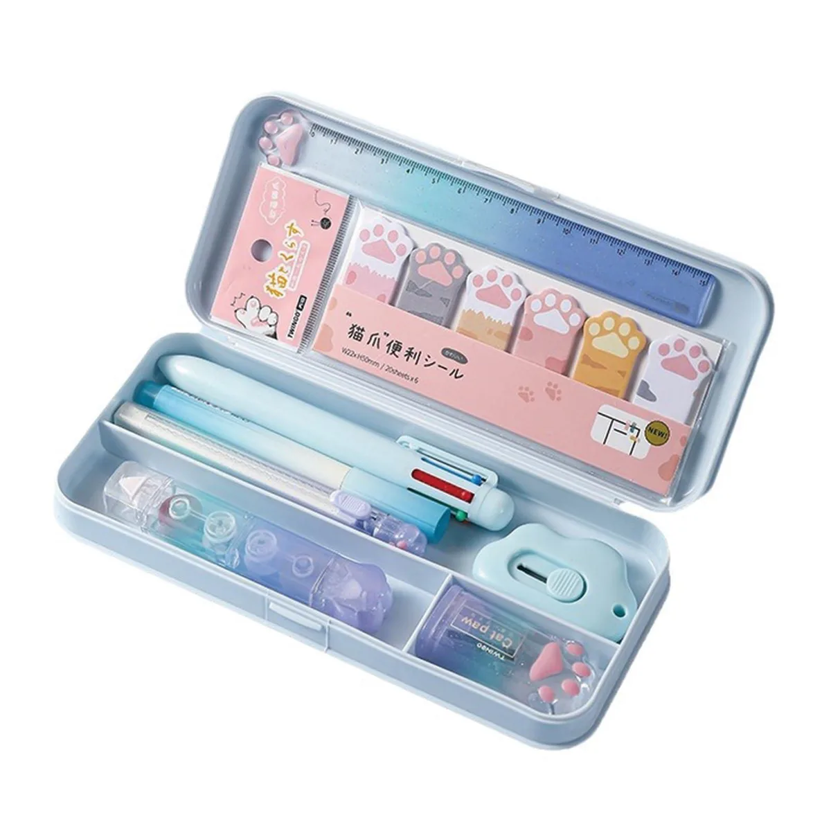 Blue gradient stationery set in plastic case with cat paw design, nine pieces including pens and tools