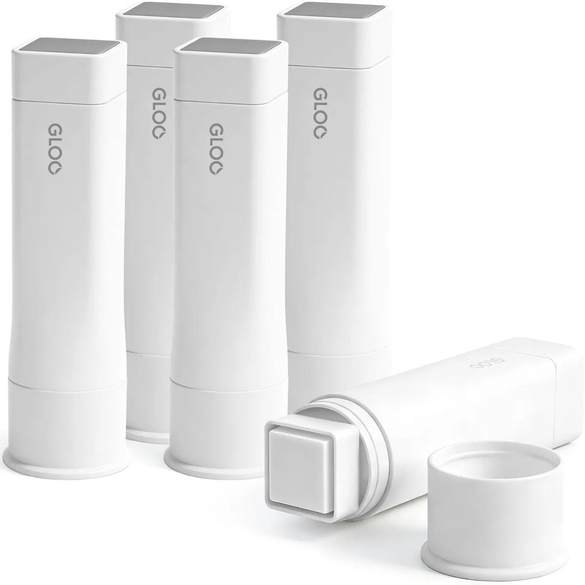 Five small square blue glue sticks with round caps, firm formula, pack of five