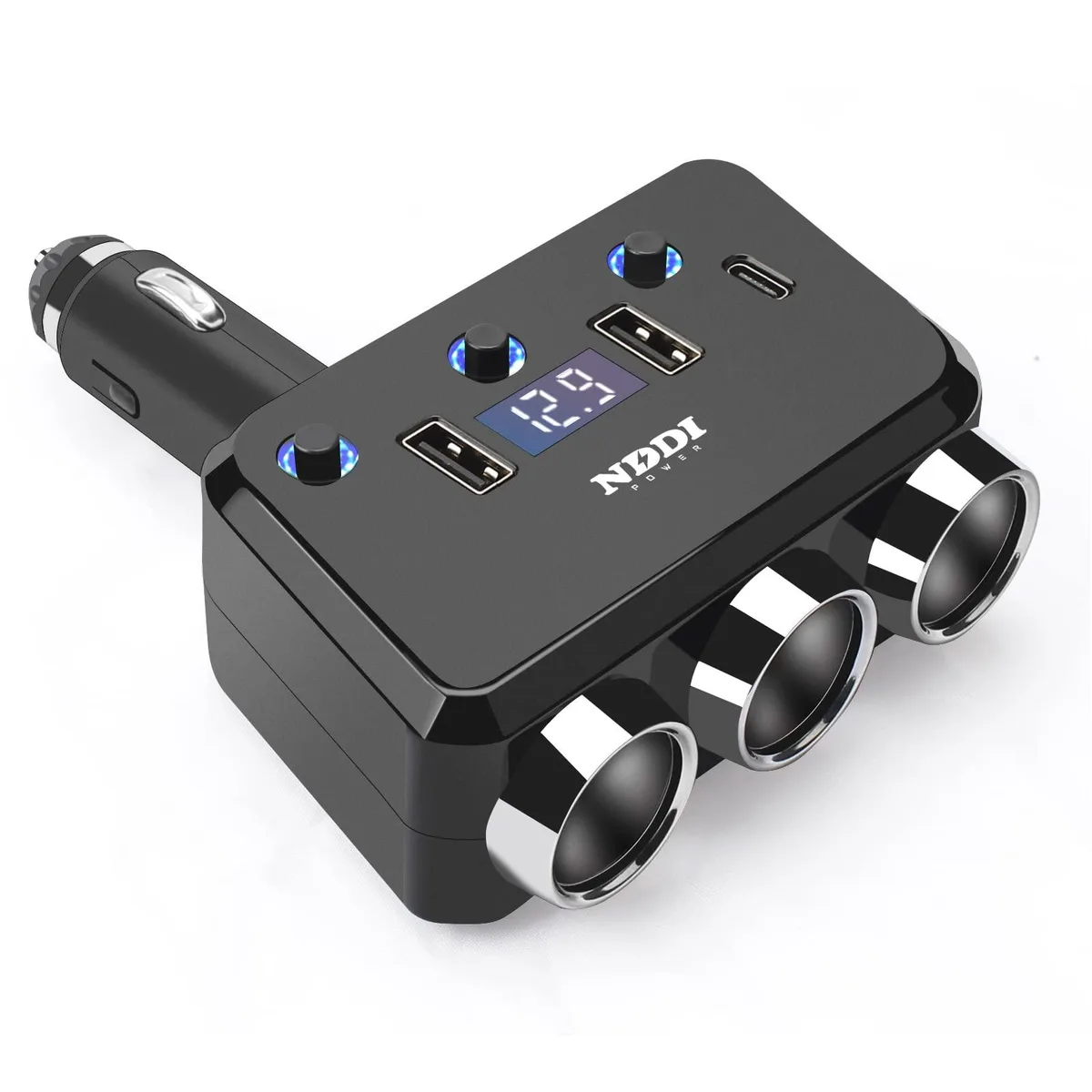  TESSAN 12V/24V Cigarette Lighter Splitter 3 Socket PD 20W QC 3.0 LED Display Grey — product photo