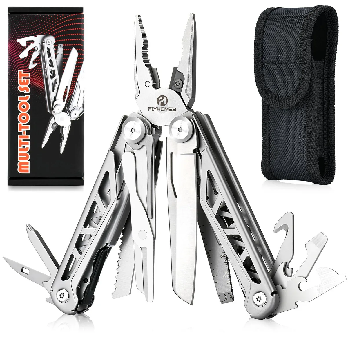 Black 16-in-1 multitool pliers with metal handles and nylon pouch