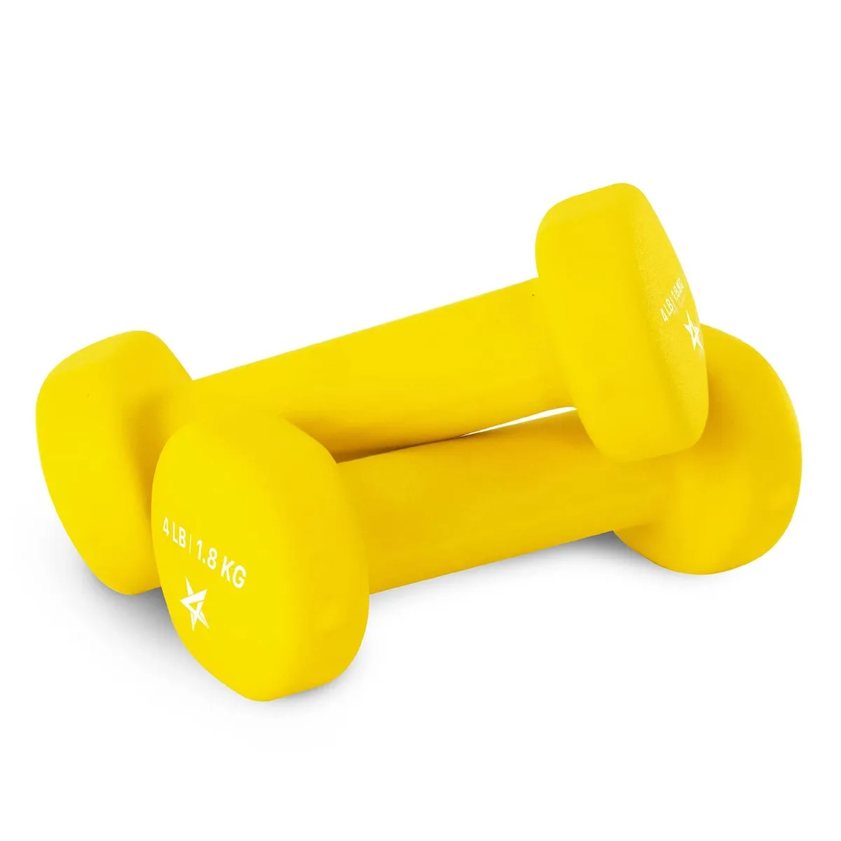 A pair of yellow neoprene hex dumbbells, 4 lb each