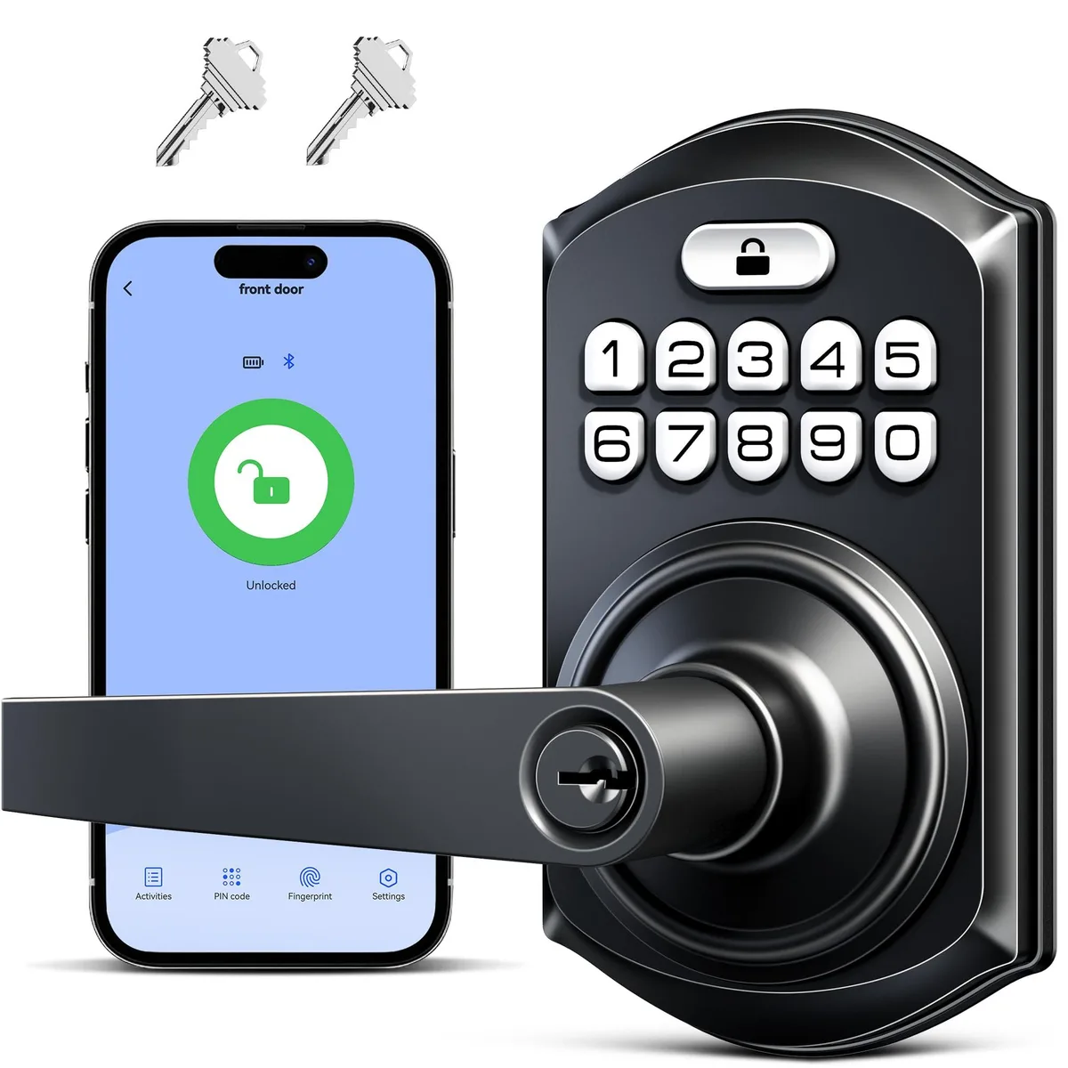 Matte black smart door lock with handle, rectangular keypad, 8.74 by 7.17 by 3.62 inches