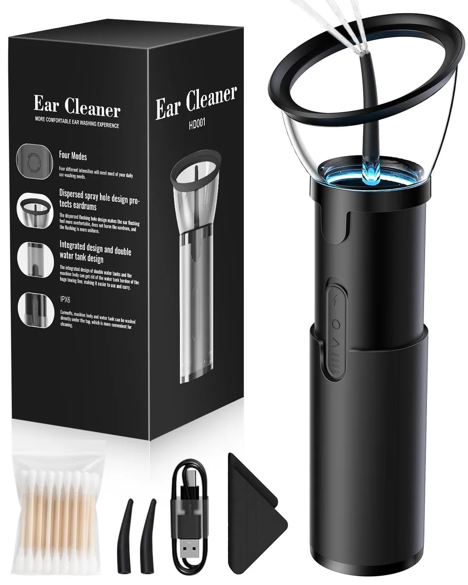 Black handheld electric ear cleaner with retractable basin and silicone nozzles