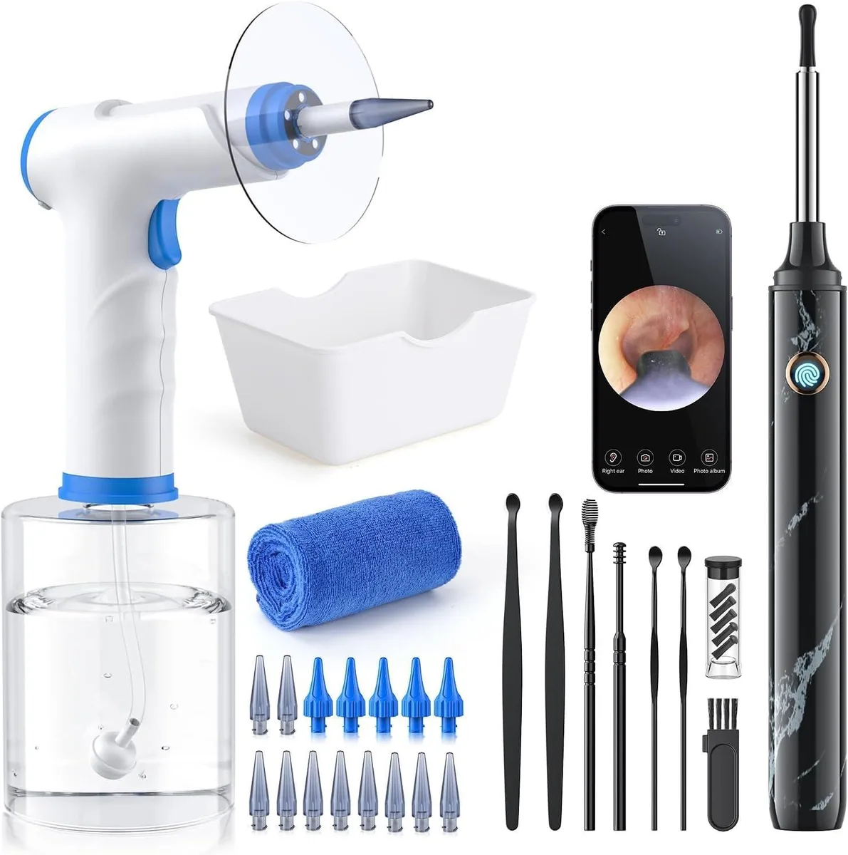 White electric ear irrigator with otoscope camera and multiple tips