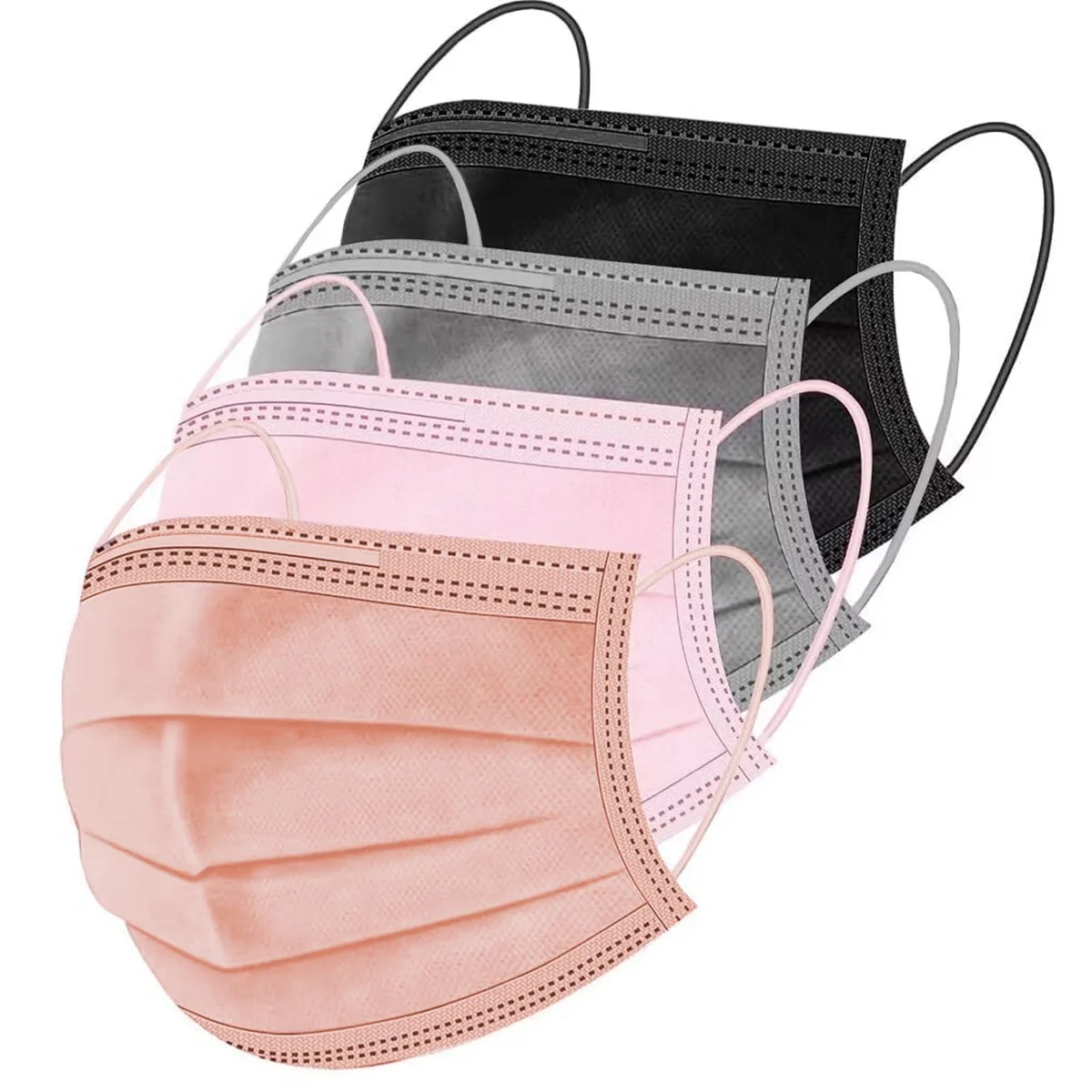 Pack of one hundred multicolour three-layer disposable face masks with elastic ear loops