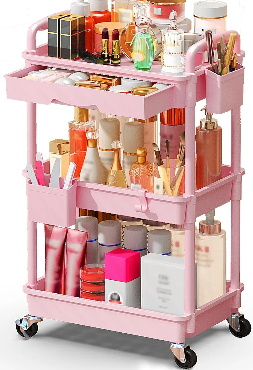 Pink three-tier rolling cart with drawer, cup, hooks and lockable wheels